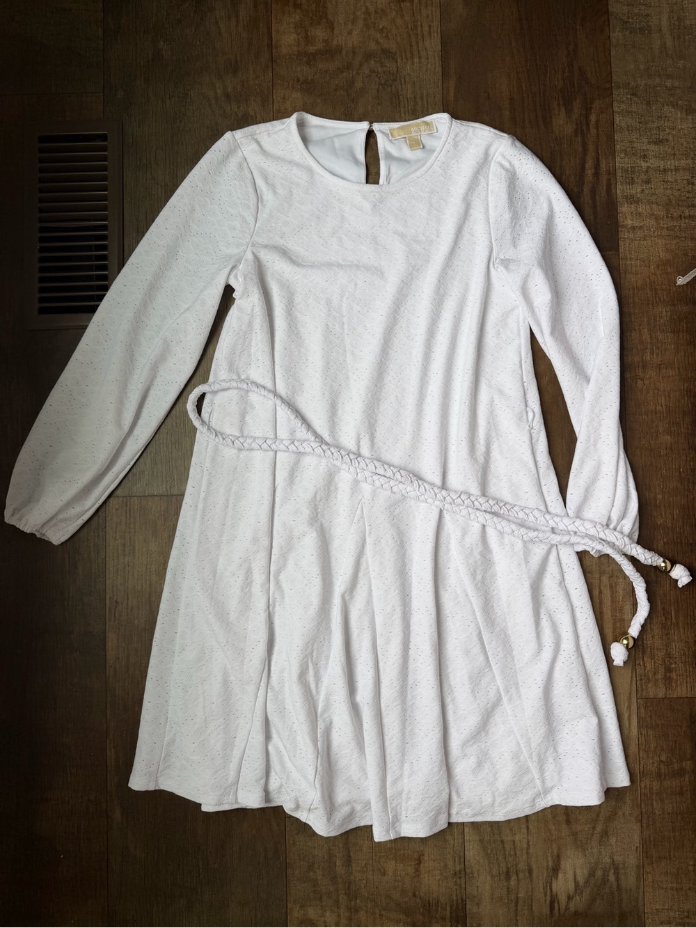 Michael Kors White Eyelet Long Sleeve Dress with Braided Belt #007
